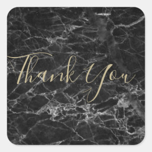 Pegatina Cuadrada Elegante patrón de mármol negro con agradecimiento