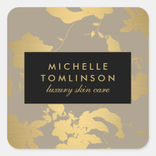 Pegatina Cuadrada Elegante patrón floral dorado beige