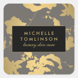 Pegatina Cuadrada Elegante patrón floral dorado gris