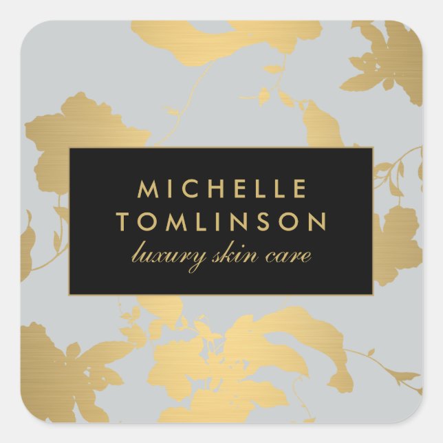 Pegatina Cuadrada Elegante patrón floral dorado gris claro (Anverso)