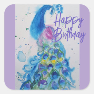 Pegatina Cuadrada Elegante Pavo Real Acuarela Pastel Feliz Cumpleaño