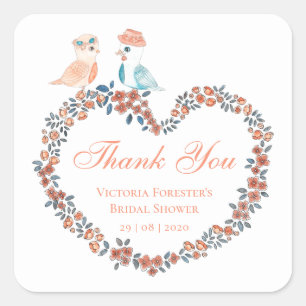Pegatina Cuadrada Elegante Peach Watercolor Love Bird Bridal Shower