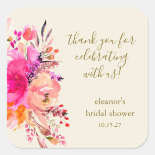 Pegatina Cuadrada Elegante Personalizado de ducha de novia con flore