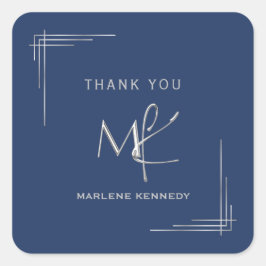 Pegatina Cuadrada Elegante Personalizado Silver Monograma Marina Azu
