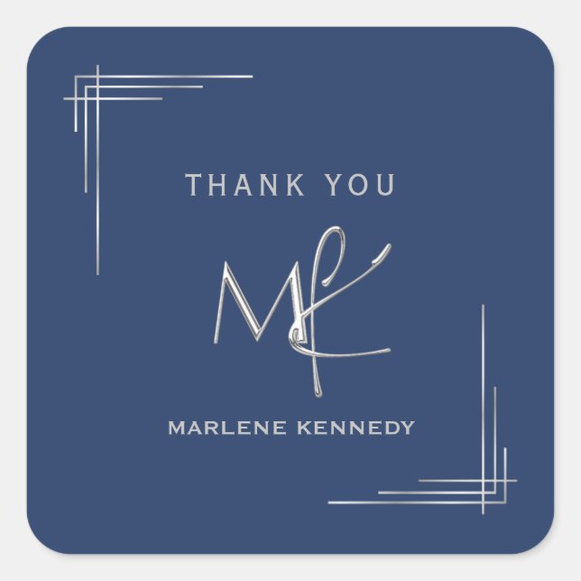 Pegatina Cuadrada Elegante Personalizado Silver Monograma Marina Azu (Anverso)