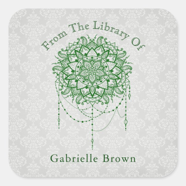 Pegatina Cuadrada Elegante placa Zen Mandala Damask con joyas (Anverso)