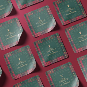 Pegatina Cuadrada Elegante Plaid de Tartán Feliz Navidad Nombre de l