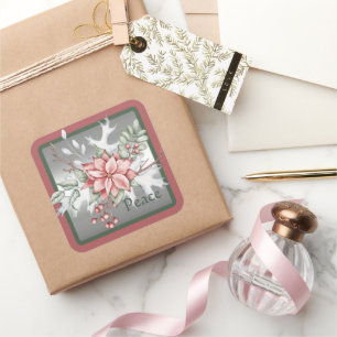 Pegatina Cuadrada Elegante poinsettia acuarela Navidad personalizada