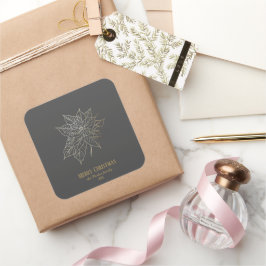 Pegatina Cuadrada Elegante Poinsettia de contorno dorado sobre fondo