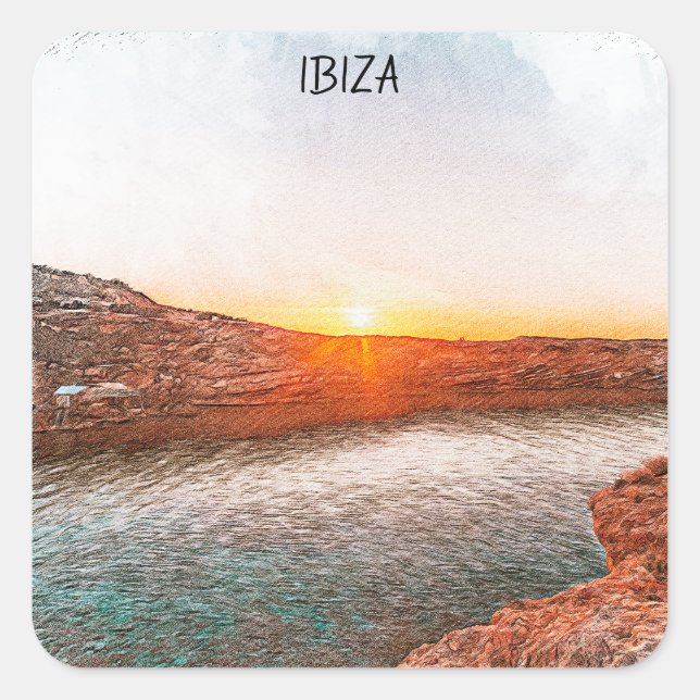 Pegatina Cuadrada Elegante puesta de sol de Ibiza España (Anverso)