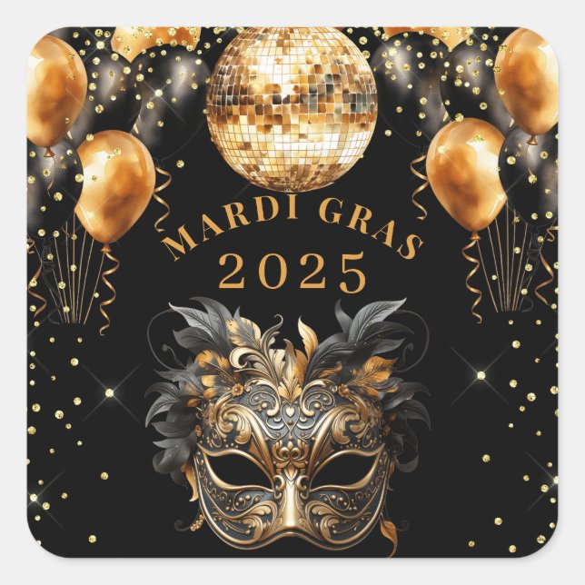 Pegatina Cuadrada Elegante Purpurina de oro negro Mardi Gras 2025 (Anverso)
