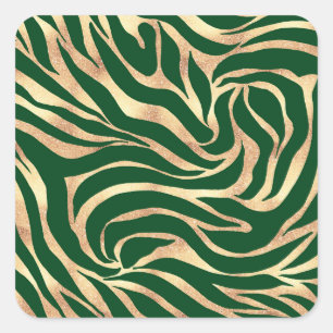 Pegatina Cuadrada Elegante Purpurina dorado Zebra Green Animal Print