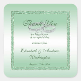 Pegatina Cuadrada Elegante Purpurina Esmeralda y Anillos Bodas Plate