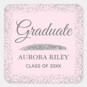 Pegatina Cuadrada Elegante Purpurina gris plateado Rubor Graduación