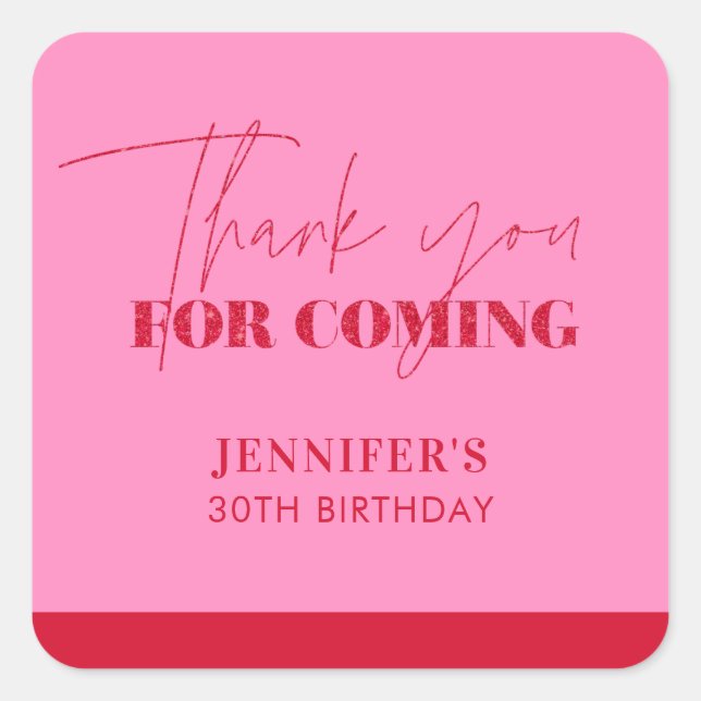 Pegatina Cuadrada Elegante Purpurina Rojo Rosa Cumpleaños Gracias (Anverso)