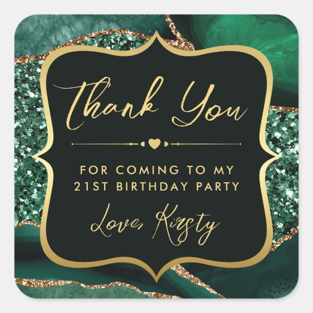 Pegatina Cuadrada Elegante Purpurina Verde y Oro Adulto Cumpleaños (Anverso)