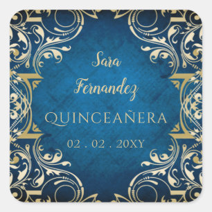 Pegatina Cuadrada Elegante Quinceanera de oro azul rústico