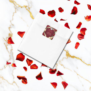 Pegatina Cuadrada Elegante Quinceañera Rojo Burdeos y Rosa Dorada