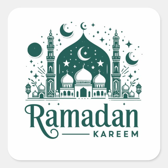 Pegatina Cuadrada Elegante Ramadán Verde Kareem Mubarak (Anverso)
