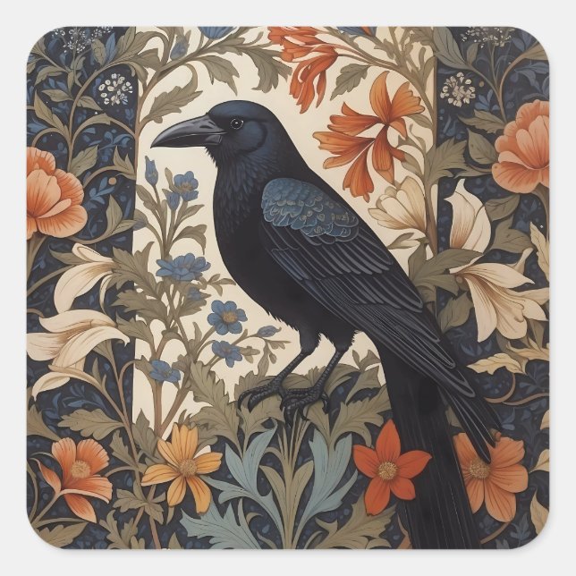 Pegatina Cuadrada Elegante Raven Negro William Morris Inspirado Flor (Anverso)