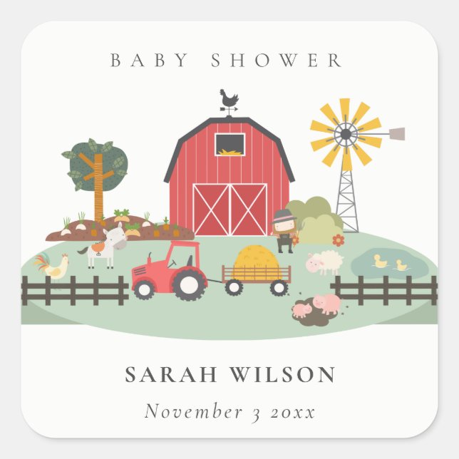 Pegatina Cuadrada Elegante Red Barnyard Farm Animal Baby Shower (Anverso)