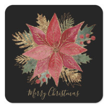 Elegante Red Gold Poinsettia Flor Feliz Navidad