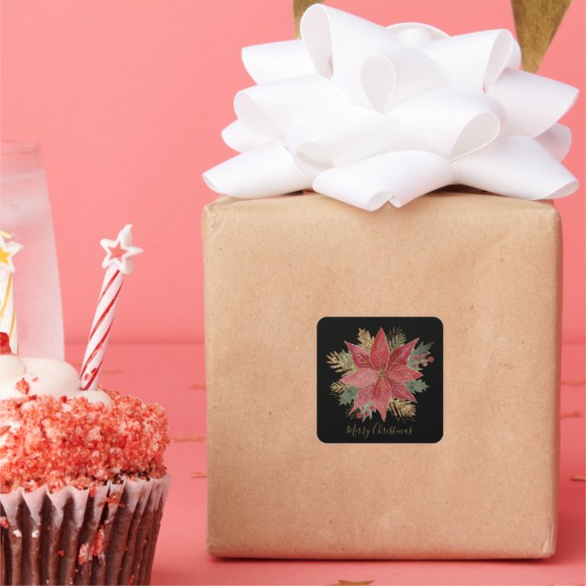 Pegatina Cuadrada Elegante Red Gold Poinsettia Flor Feliz Navidad (Fiesta)