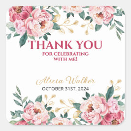 Pegatina Cuadrada Elegante Red Pony Peony Flower Gold Leaf Cumpleaño