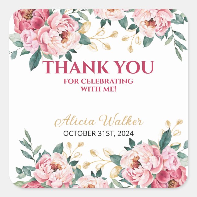 Pegatina Cuadrada Elegante Red Pony Peony Flower Gold Leaf Cumpleaño (Anverso)