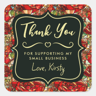 Pegatina Cuadrada Elegante Red Rose Stained Glass Small Business