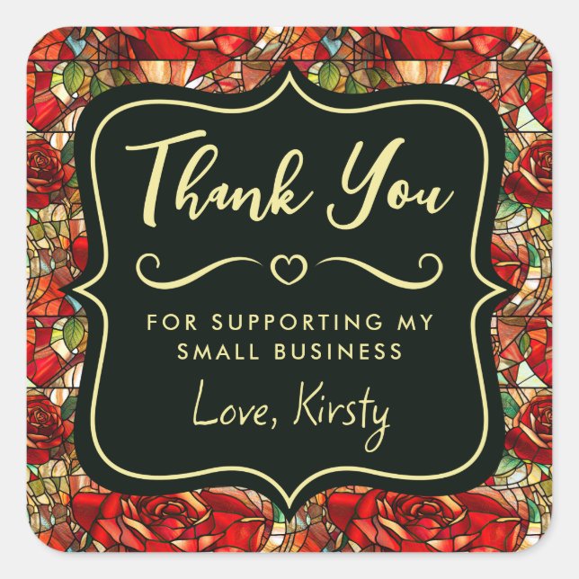 Pegatina Cuadrada Elegante Red Rose Stained Glass Small Business (Anverso)