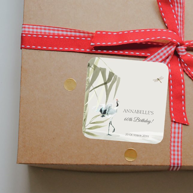 Pegatina Cuadrada Elegante regalo de cumpleaños de la grúa de bambú  (Elegant Oriental Bamboo Crane Birthday Gift Square Sticker)
