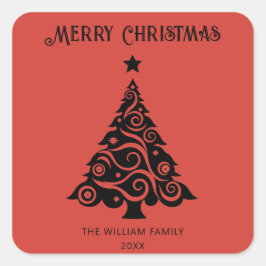 Pegatina Cuadrada Elegante regalo de feriado de árbol de navidad roj