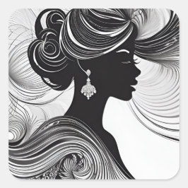 Pegatina Cuadrada Elegante reina silueta africana negra y blanca
