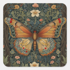 Pegatina Cuadrada Elegante retro boho mariposa vegetación botánica