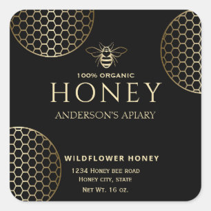 Pegatina Cuadrada Elegante Ríos Modernos de abeja de peine dorada