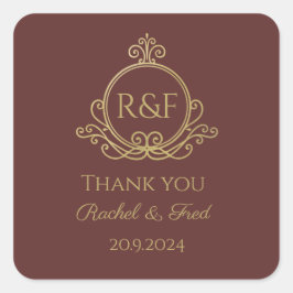 Pegatina Cuadrada Elegante rojo Boda de caligrafía dorada Gracias