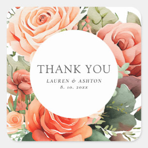 Pegatina Cuadrada Elegante Rosa Boda De Peach Gracias