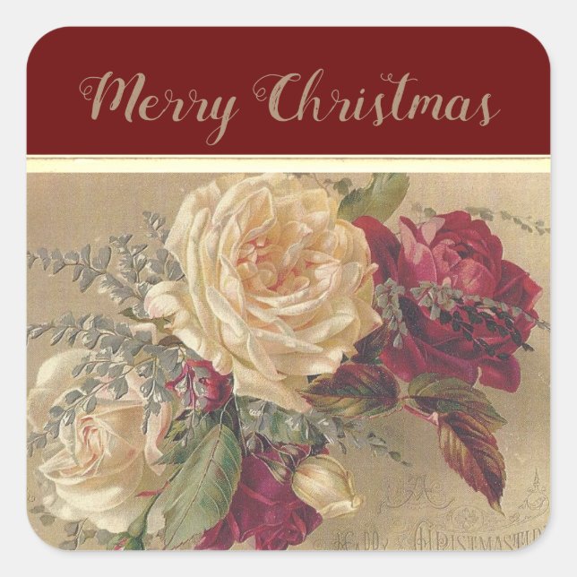 Pegatina Cuadrada Elegante Rosa de Navidad Vacaciones (Anverso)