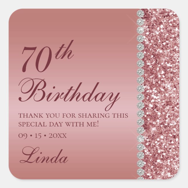 Pegatina Cuadrada Elegante Rosa Dorado Agradecimiento Cumpleaños 70 (Anverso)