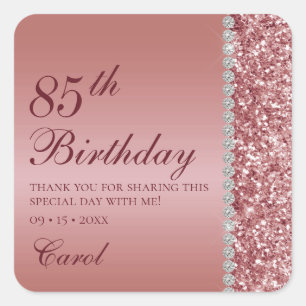 Pegatina Cuadrada Elegante Rosa Dorado Agradecimiento Cumpleaños 85