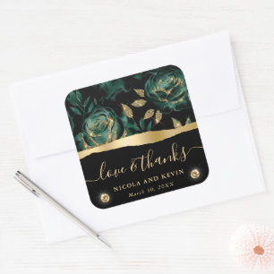 Pegatina Cuadrada Elegante Rosa Floral de Bodas con Brillo Verde y D