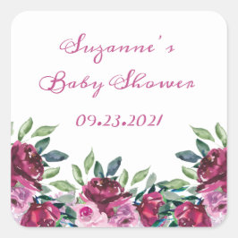 Pegatina Cuadrada Elegante Rosa Floral Nombre Fecha Escritura Baby S