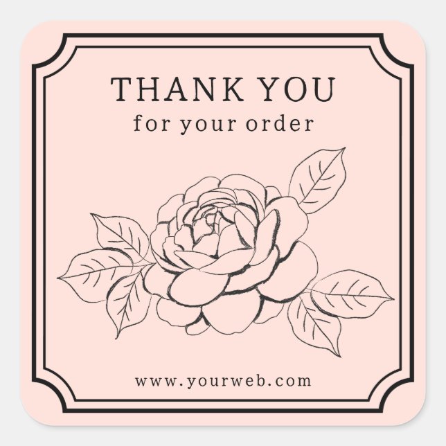 Pegatina Cuadrada Elegante Rosa "Gracias por tu pedido" (Anverso)