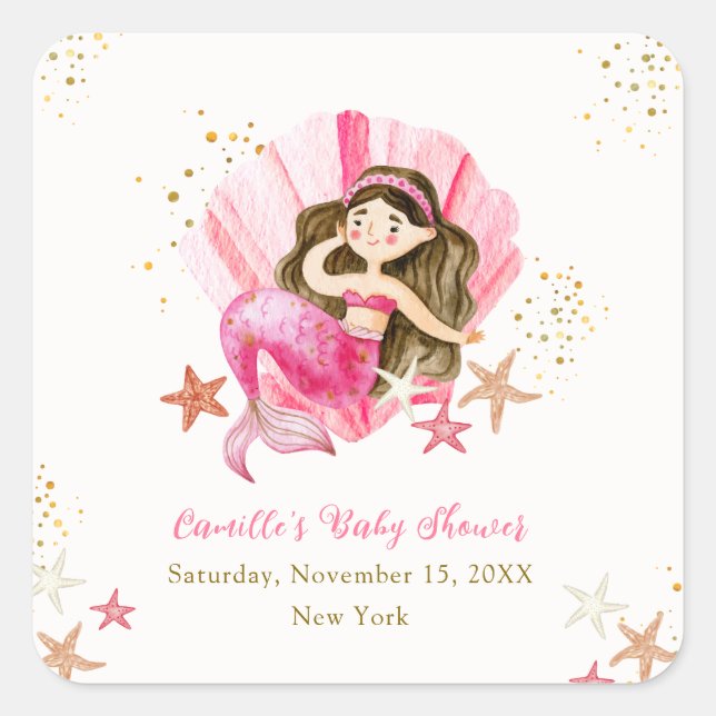 Pegatina Cuadrada Elegante rosa Mermaid Ocean Starfish Baby Shower (Anverso)