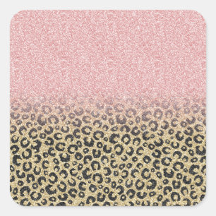 Pegatina Cuadrada Elegante Rosa Purpurina dorado Leopardo negro