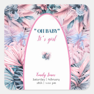 Pegatina Cuadrada Elegante rosa tropical pastel azul rosa oh ducha d