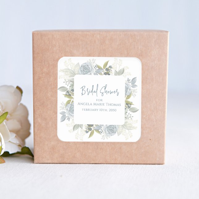 Pegatina Cuadrada Elegante Rosas Floral Bridal Shower Dusty Blue (Bridal shower square sticker with beautiful blue floral roses and greenery. )