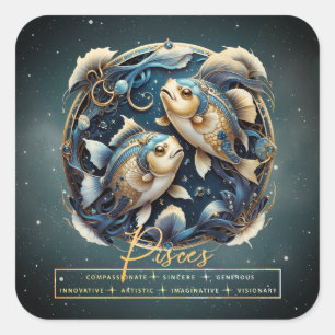 Pegatina Cuadrada Elegante Rótulo Zodiac de pescado de oro negro