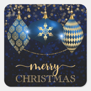 Pegatina Cuadrada Elegante Royal Blue y Gold Bauble Feliz Navidad